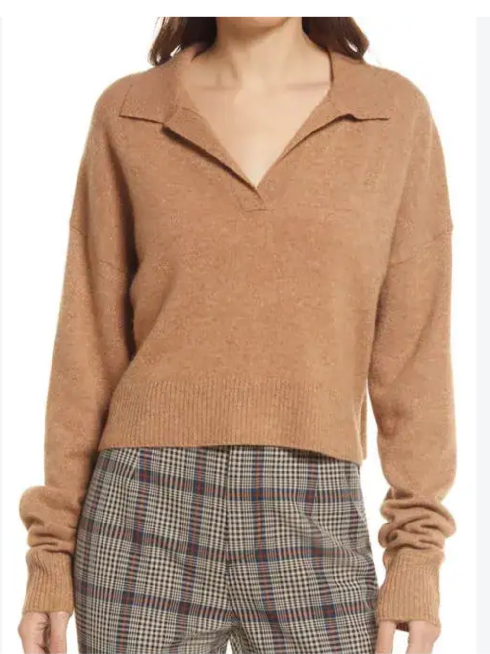 Reformation Camel V-Neck Cashmere Polo Sweater